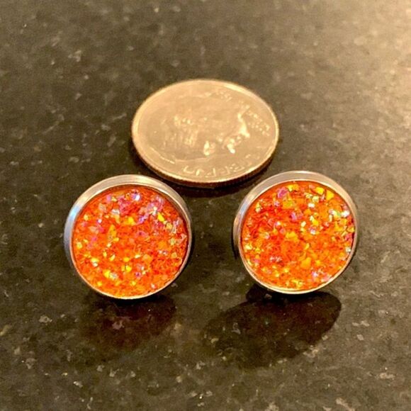 Men’s Crushed Orange Crystal Studs, Iced Out Hip Hop Round Faux Druzy Earrings - Picture 9 of 11